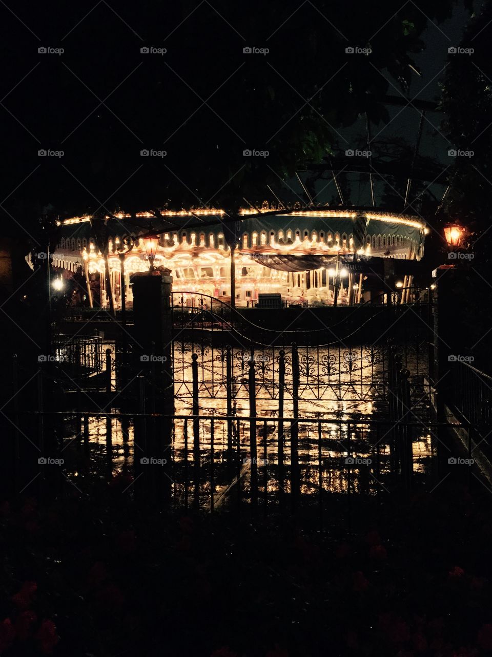 Merry-go-round reflected at night