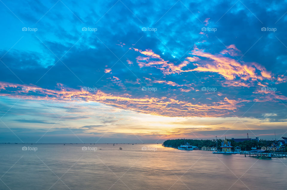 Beautiful dawn scene in BangTaBoon Bay Thailand