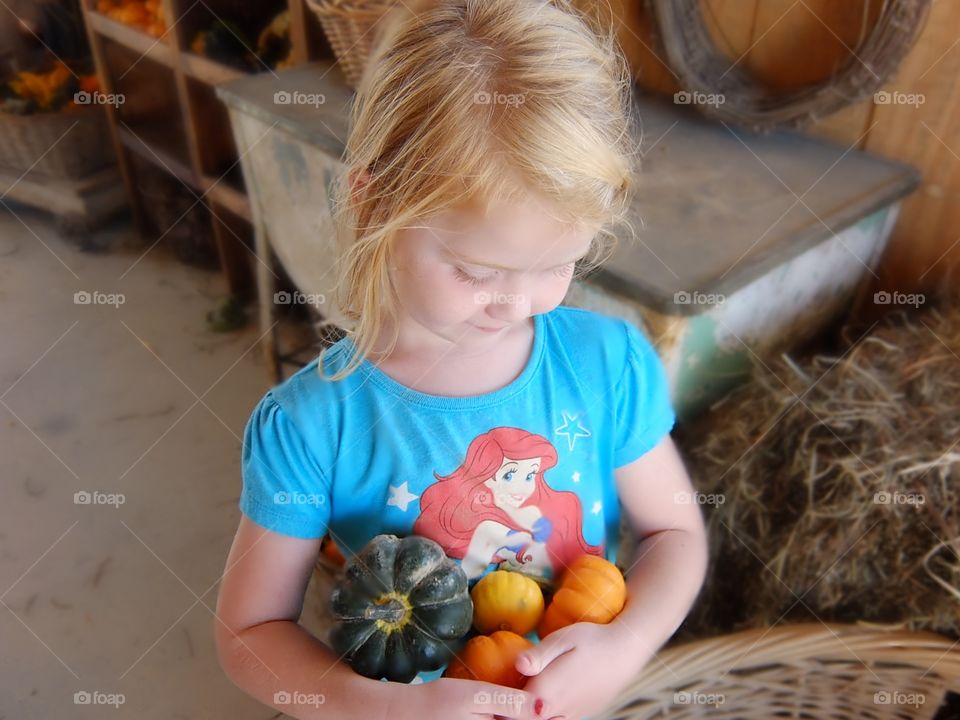little girl holding pumpkins at a pumpkin patch