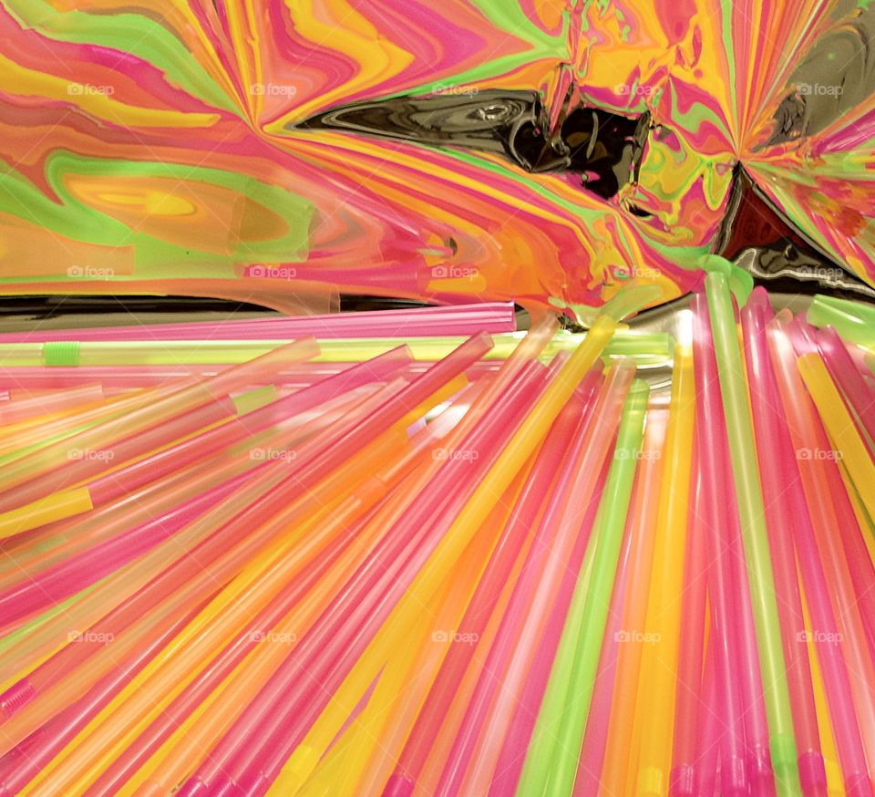 Neon straws reflected into Mylar paper