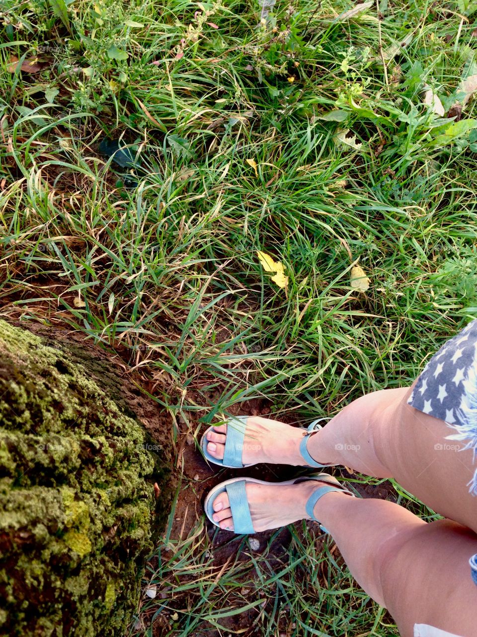 Feet in green sandals standing next to tree and grass around
