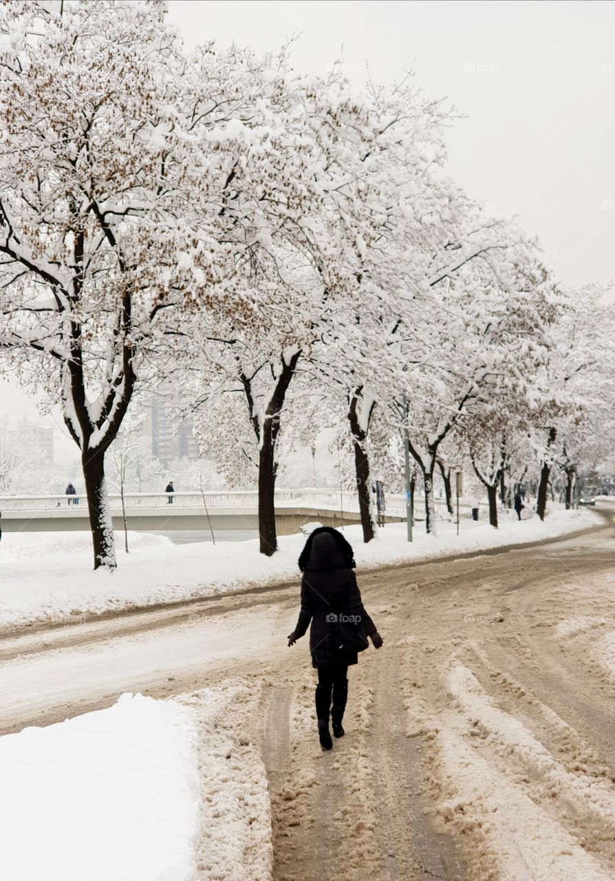 Girl and a snowy road