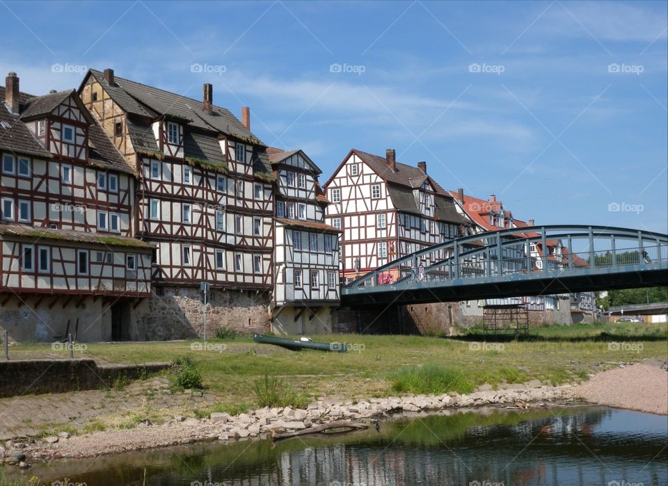 timbered houses on the river