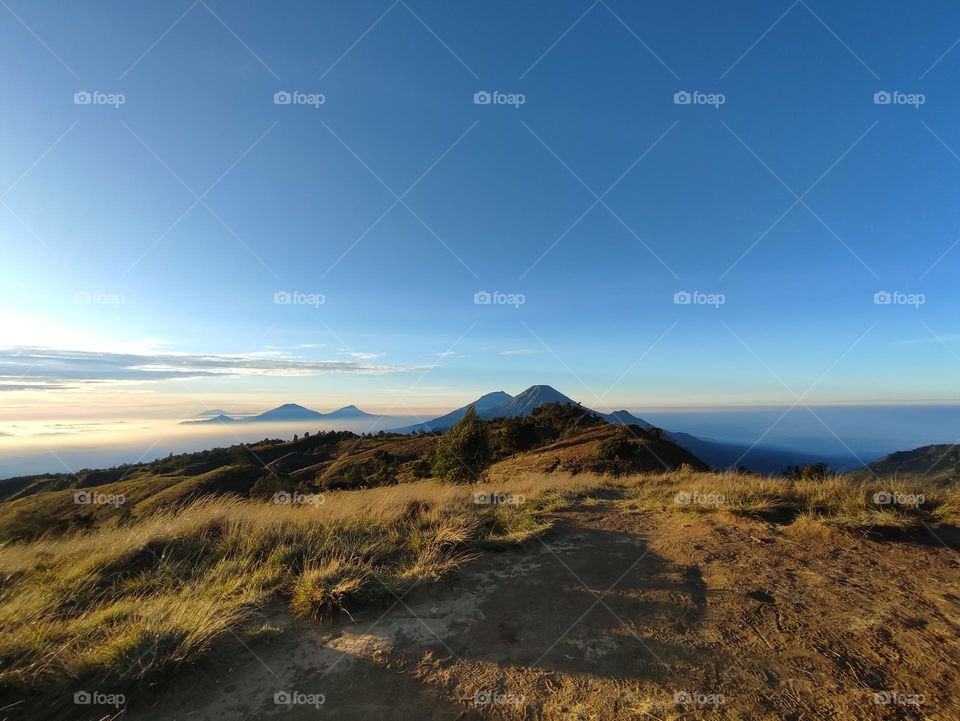 Morning view at the top of the mountain. Mount Prau 2590 MASL.
