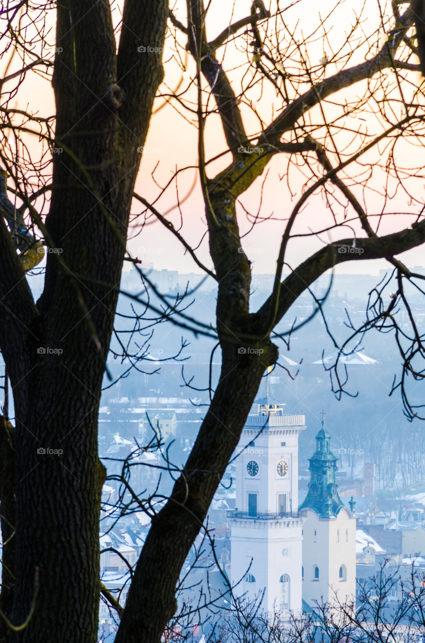 Lviv cityscape during the sunset