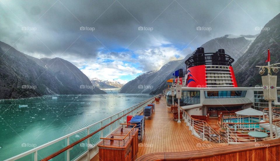On deck of cruise ship with scenic view of glaciers