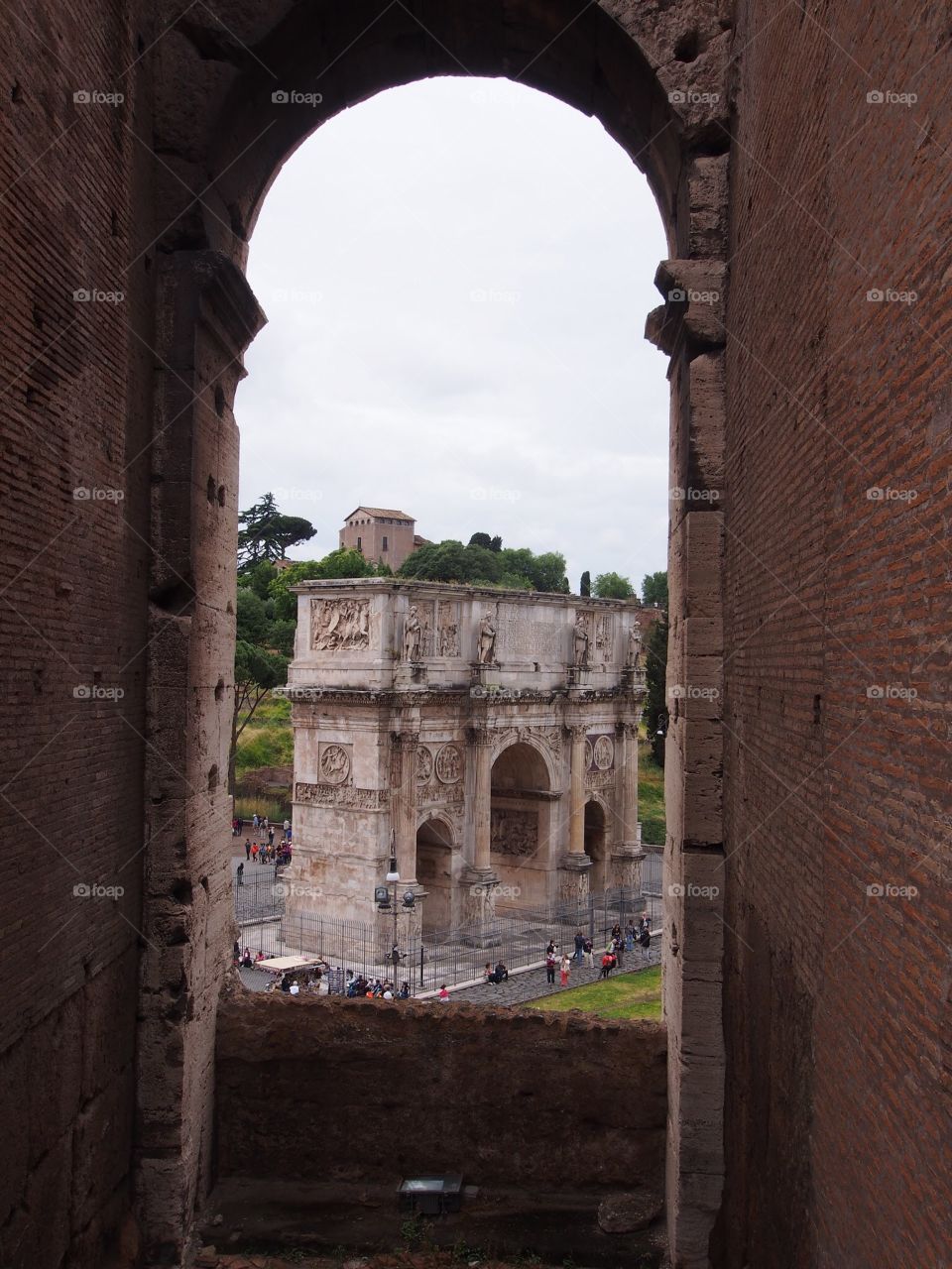 The arch of Constantine looking from the Colosseum. Rome, Italy. 