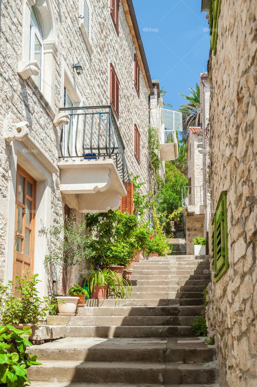 Alleyway in Hvar downtown on Island of Hvar. Croatia.