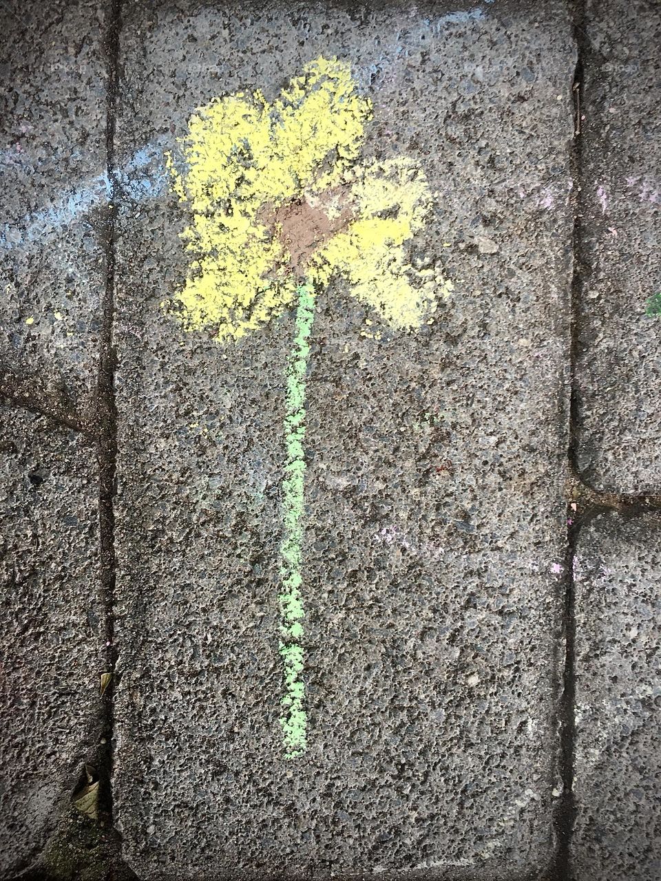 Flower power. Sun flower drawing from a child. Drawing with chalk on the bricked ground. 
