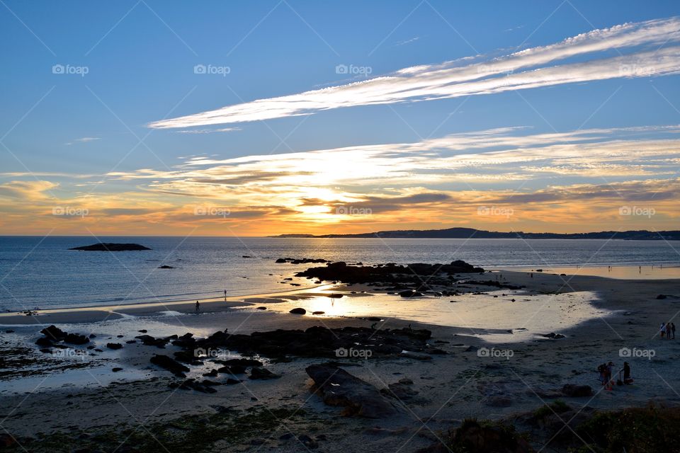 Sunset over A Lanzada beach, Galicia, Spain.