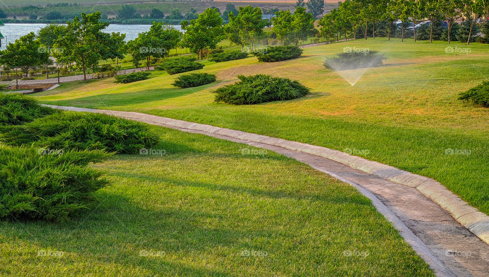 Beautiful landscape with trees, shrubs, green lawn and river.