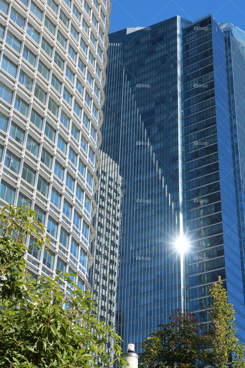 Skyscrapers with glass walls reflecting the bright sun