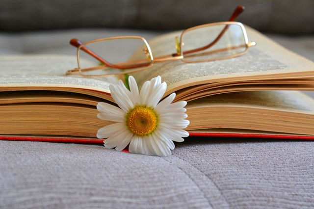 book reading glasses and flower