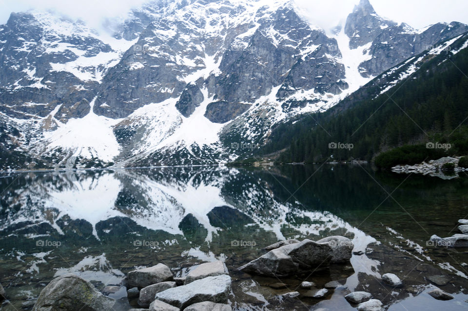 Reflection of snowy mountain in lake