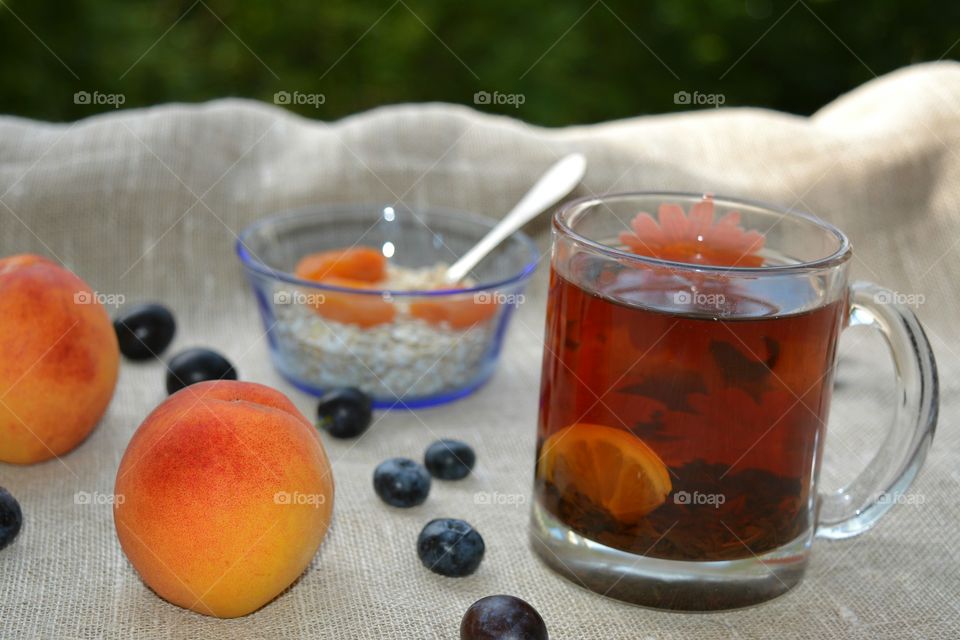 food breakfast tea and fruits