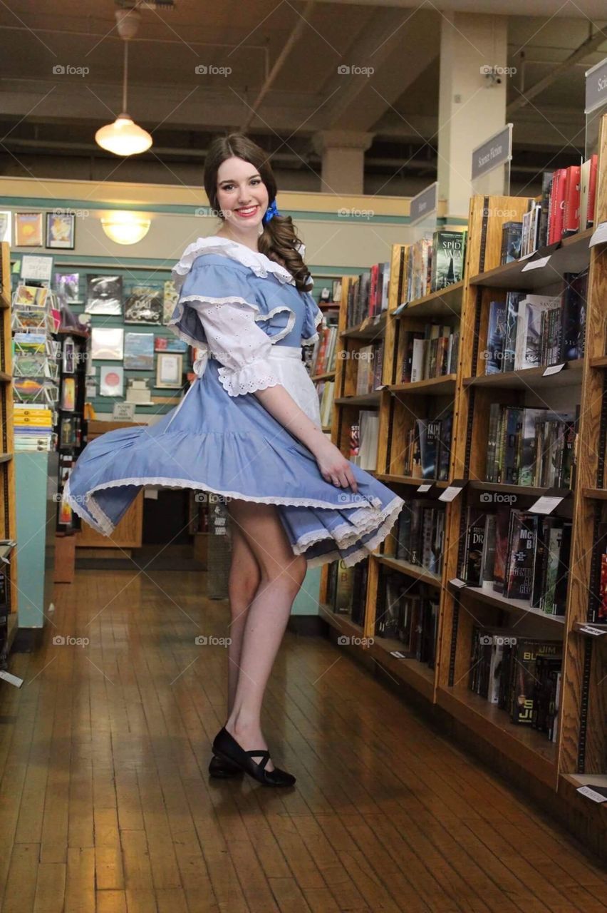 Belle in the bookstore 