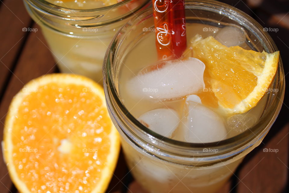 High angle view of a orange juice