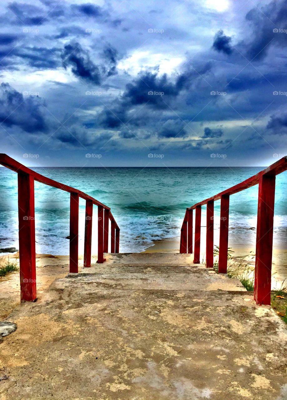 Calm After The Storm A Beach Scene From St. Maarten, Caribbean Beach Scene, Beach Staircase To The Ocean