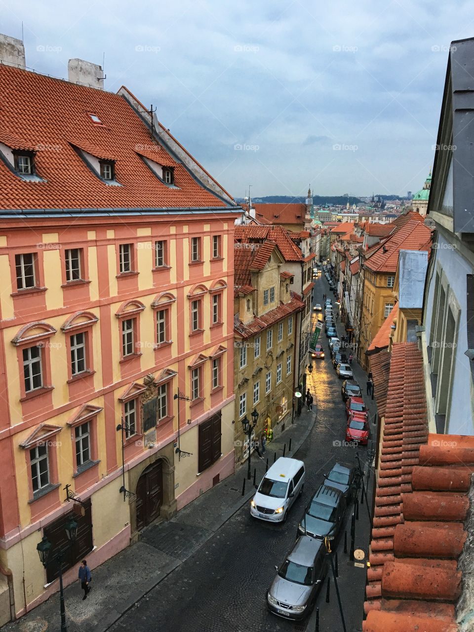 A view from my Hotel window in Prague looking down the street … love the architecture and the car headlights shining brightly in the road. 
