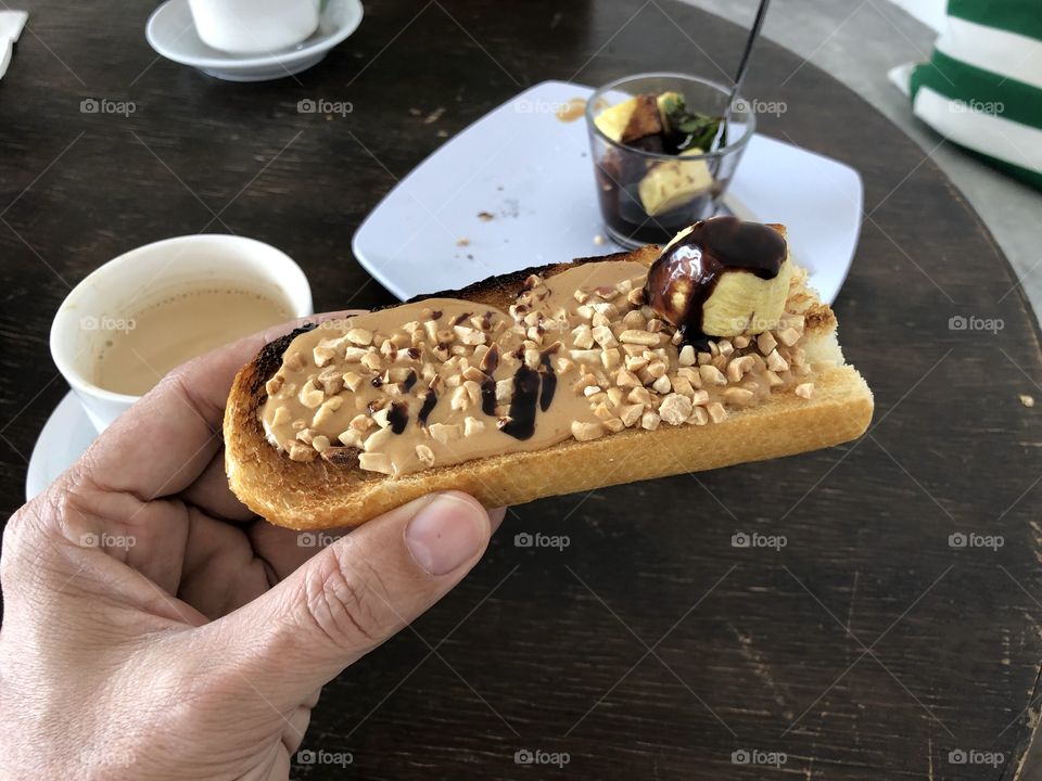 Toast bread with Peanut butter and chocolate sauce 