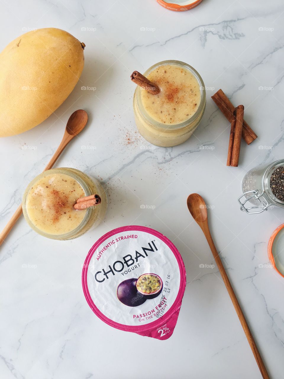 Made with Chobani : Healthy energy smoothie.
(CHOBANI Passion Fruit, mango, banana, chia seed, honey, cinnamon and milk)