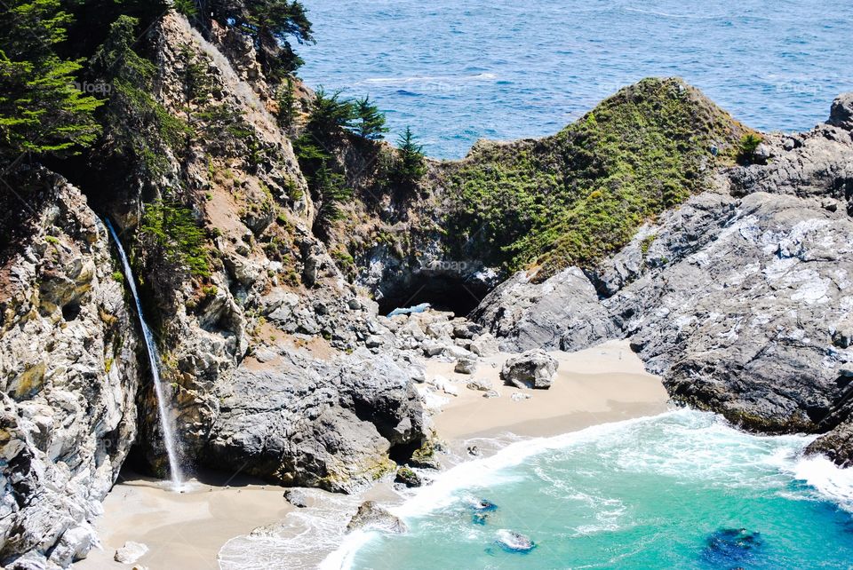 Waterfall, Sea , and Rocks