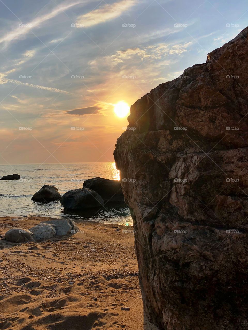 Sunset over a rocky beach 