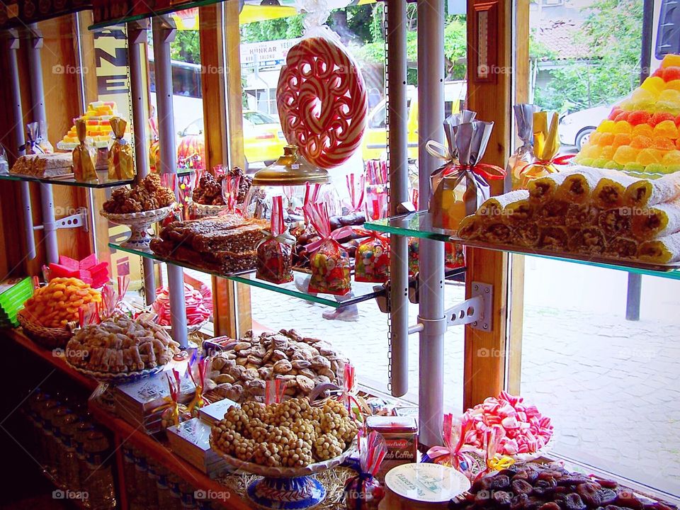 Turkish delight; lovely sweets shop in small village on Turkey; treats; traditional middle eastern desserts, pistachio nests, travel