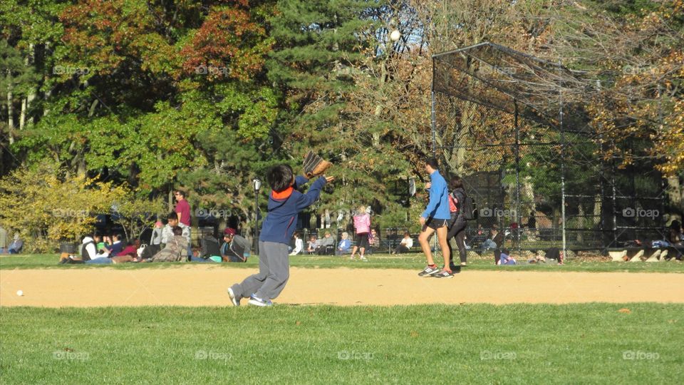 Little Kid Attempting to Catch a Fly Baseball in the Park on a Nice Sunny Autumn Day
