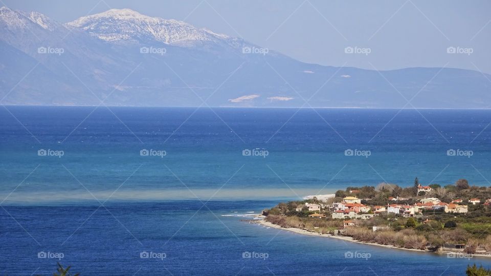 View of village at beach, Greece
