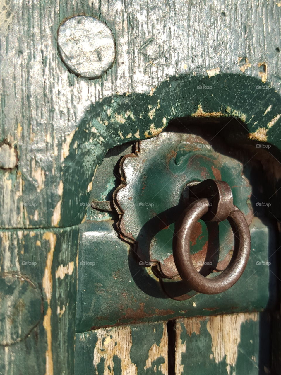 Rusted Metal Circular Ring on Green textured door