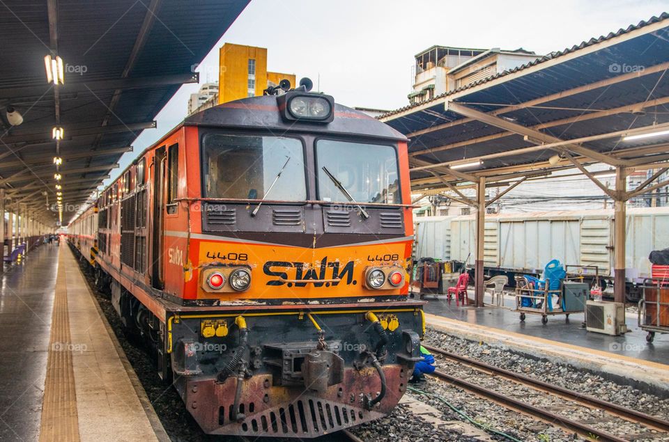 a trian at the Platform of the old main railway station Hua Lamphong in Bangkok Thailand Southeast Asia