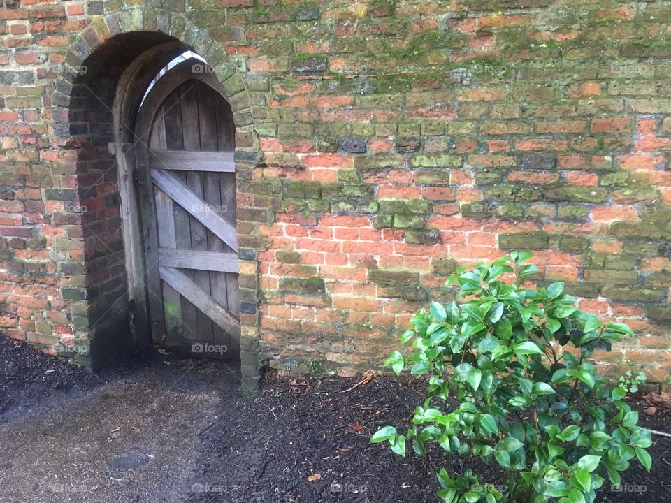 Wooden door exit from the Vintry Garden, St Albans, Hertfordshire 