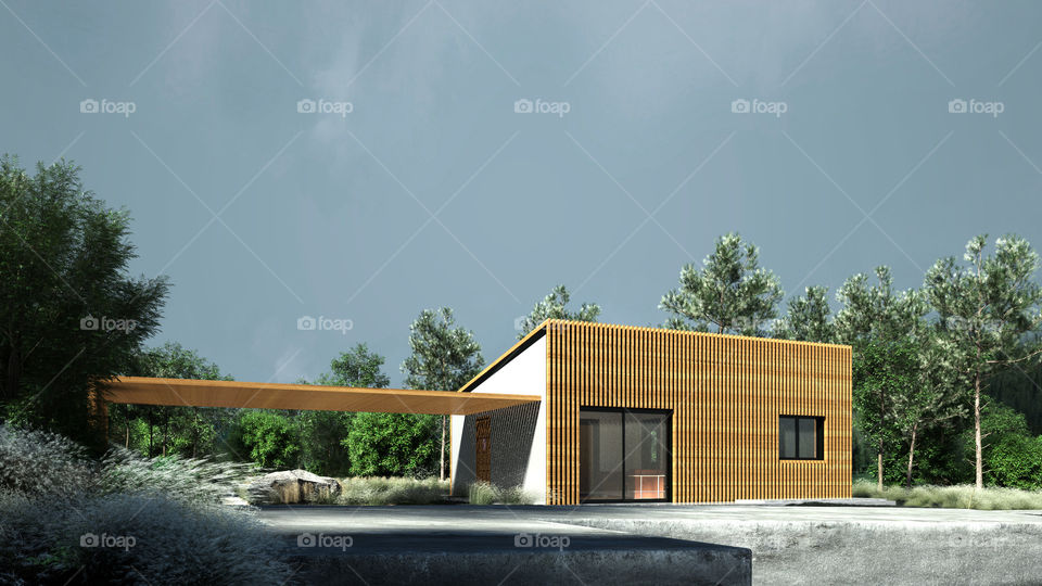 Very small modern house in nature.

Low energy, very small house in nature landscape with wood plank facade.