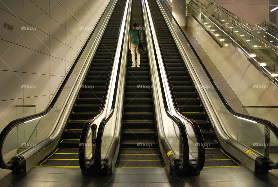 Airport Escalators, Man Going Up, Directions, Lanes, Travel 