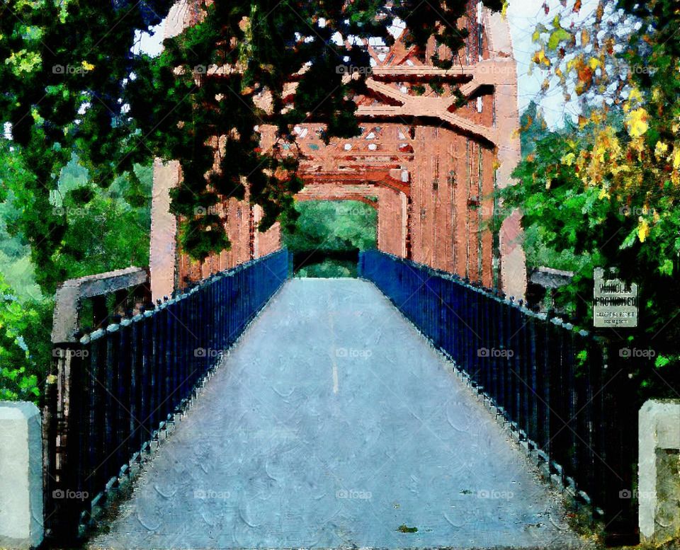 A digital oil painting of a red footbridge from a photographer's point of view