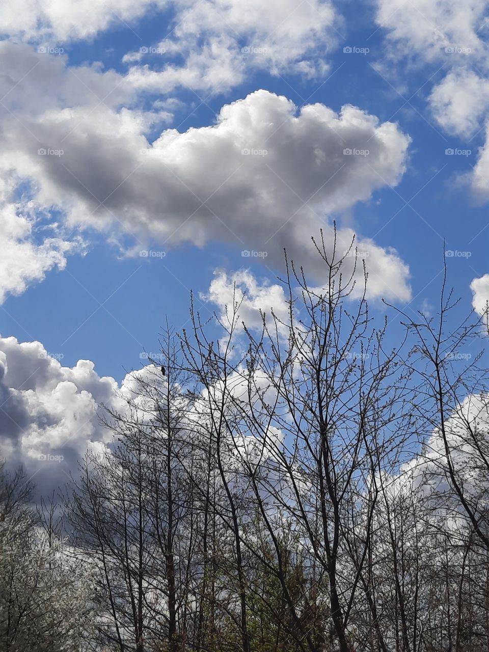 sunny morning with blue sky and dark clouds