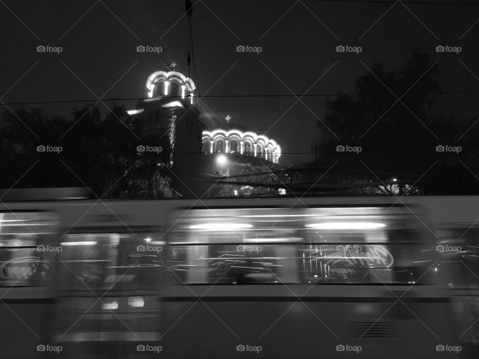 Evening Streetcar Passing in front of St. Nedelya Church in Sofia, Bulgaria