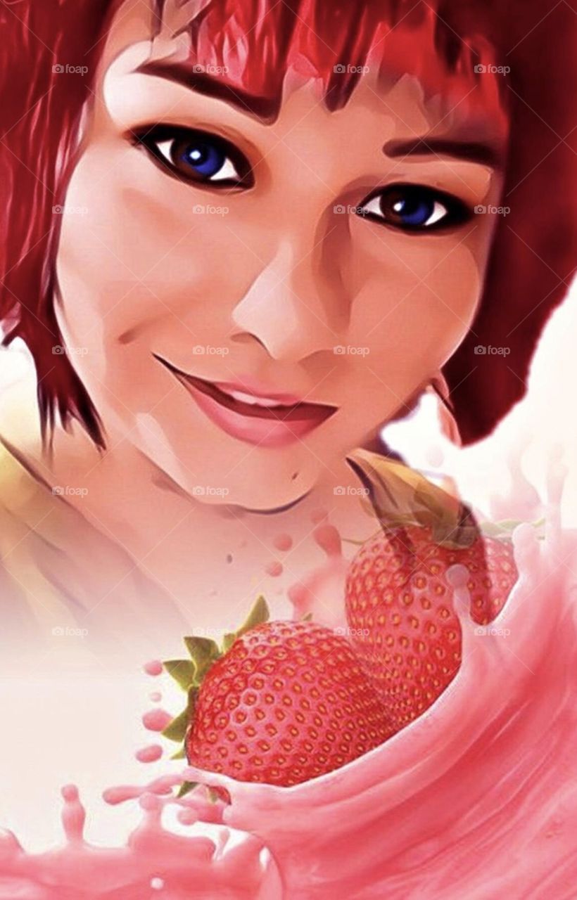 An edited photo where the model comes out with red hair and red lips. A strawberry smoothie has been placed on top of the photo. The contrast of red with pink looks very good.