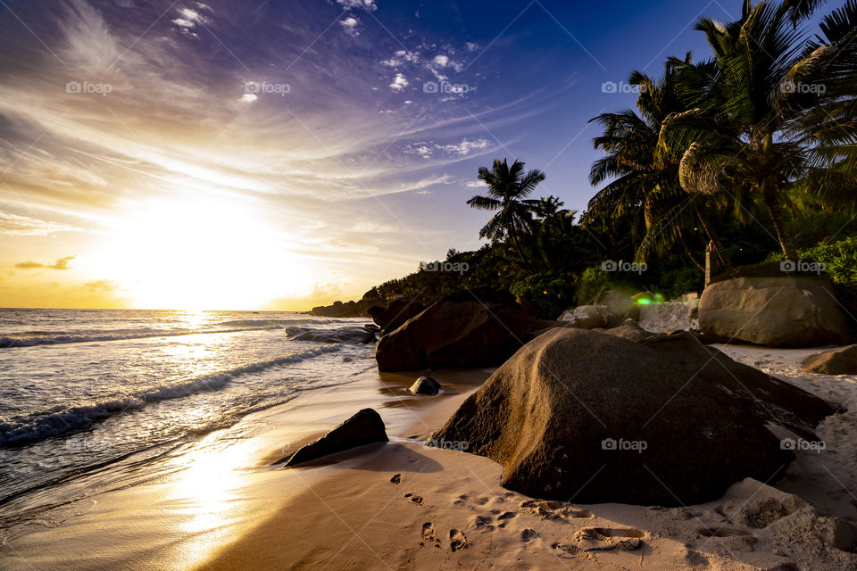 Sunset over the ocean. Seychelles 