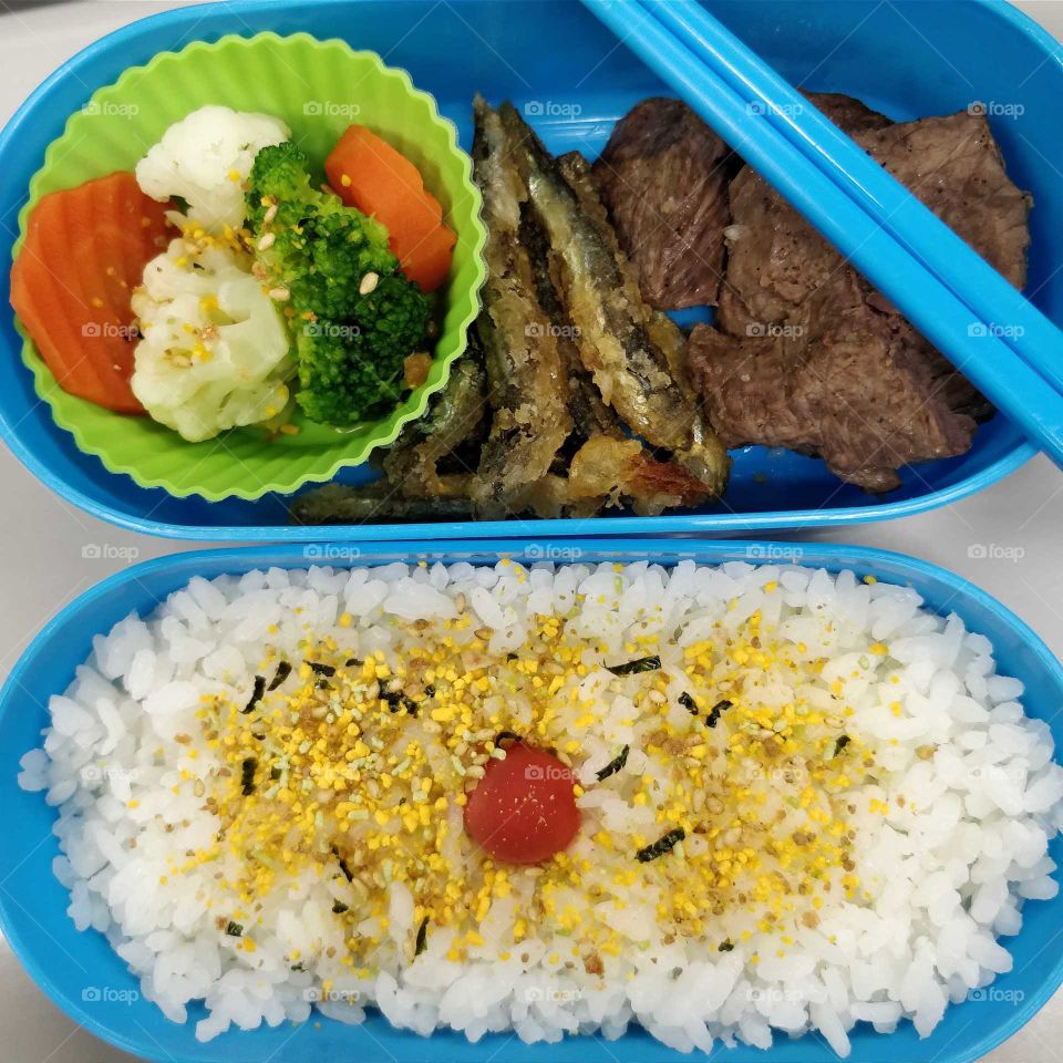 Bento meal with side vegetables, fried fish, cut steak, rice with umeboshi plum and furikake