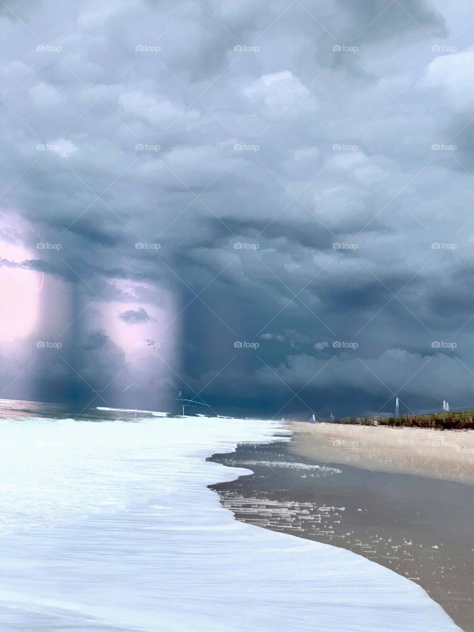 Atlantic Ocean Beach With Time In Motion Long Exposure Of The Waves On The Seashore And Lightnings During A Thunderstorm With Dark Grey Clouds.