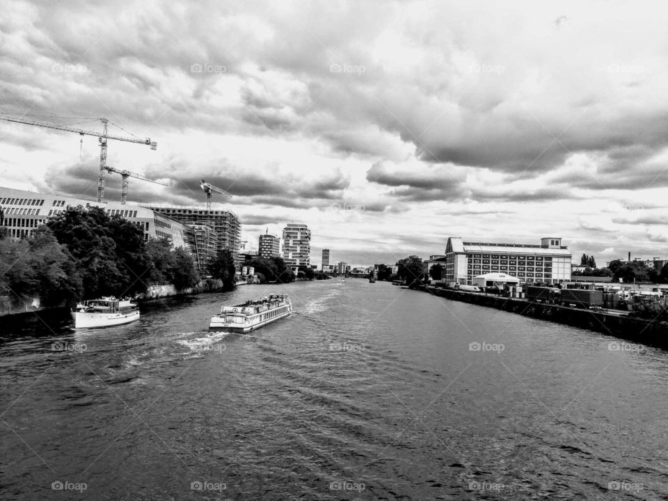 view of river Spree Berlin in black and white