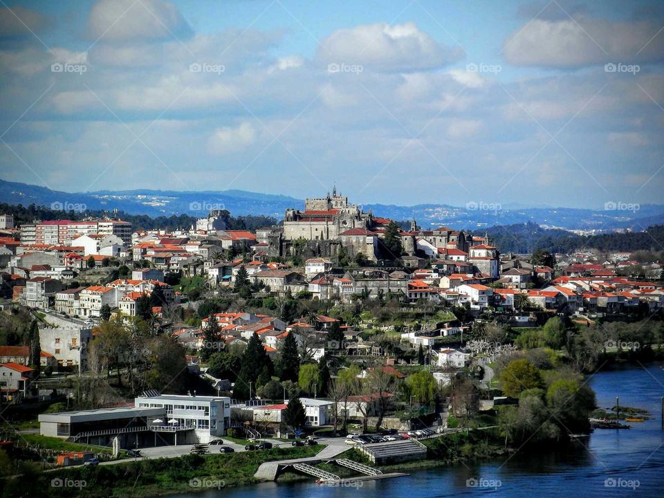 castle view in Tui Spain. the view of Tui, Spain from across the river, and national border from Valença, Portugal