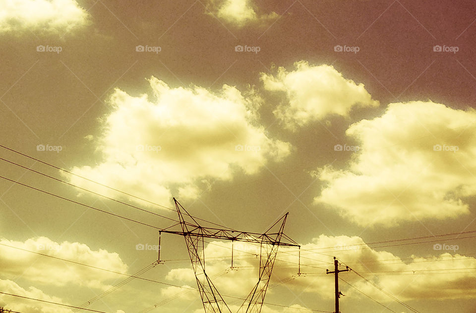 Golden Sky, Electric Wires. Electric cables, sky, and golden, old timely filter