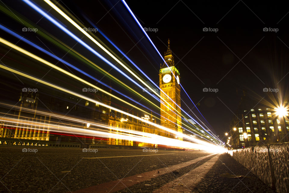 Light trails on the Westminster bridge at night