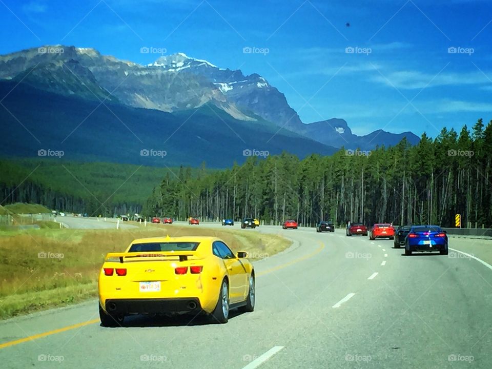 Camero Club cruising through he Canadian Rockies on the Trans Canada highway. 
