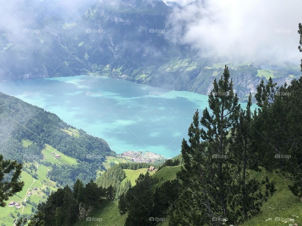 View of the lake, mountains and clouds