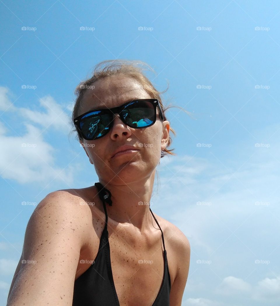 girl selfie blue sky summer time vacation love