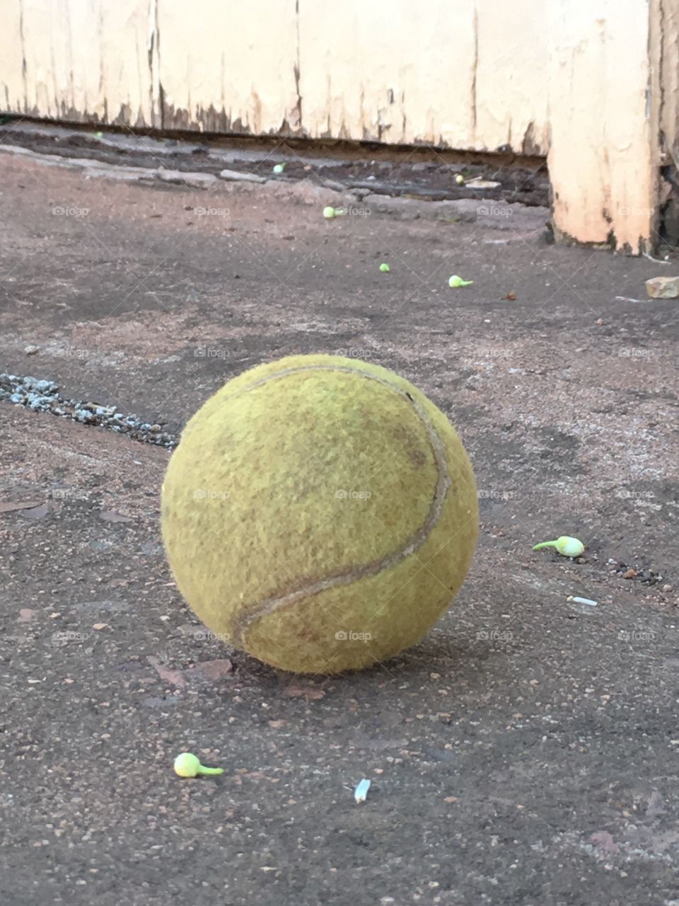 Dirty old tennis ball closeup on cement grunge